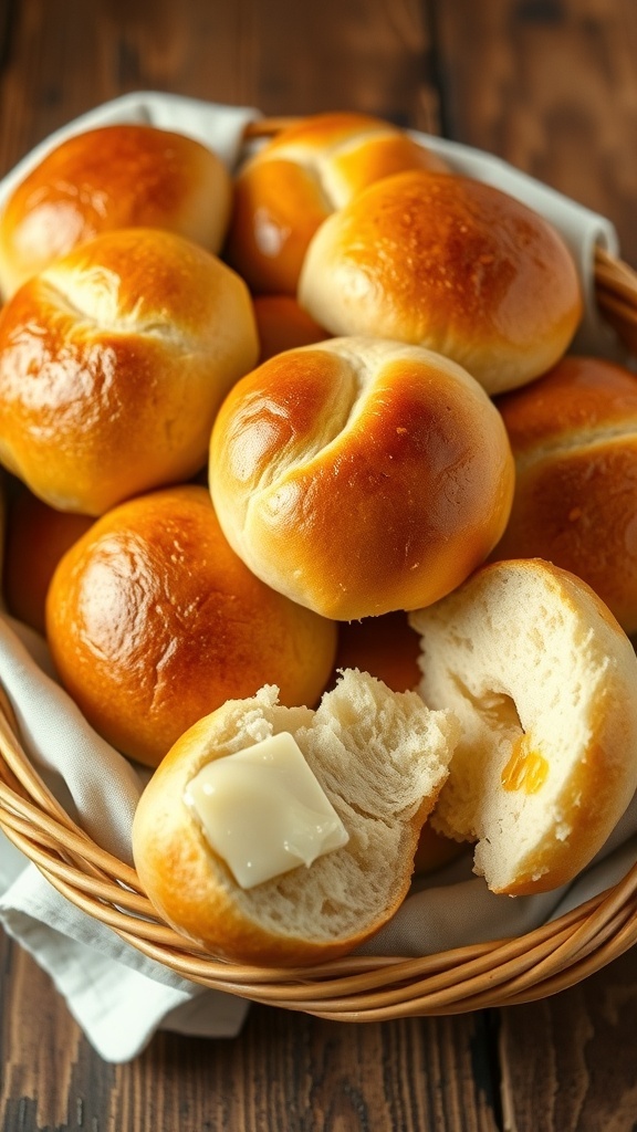 A basket of golden brown yeast hot rolls brushed with butter, on a rustic wooden table.